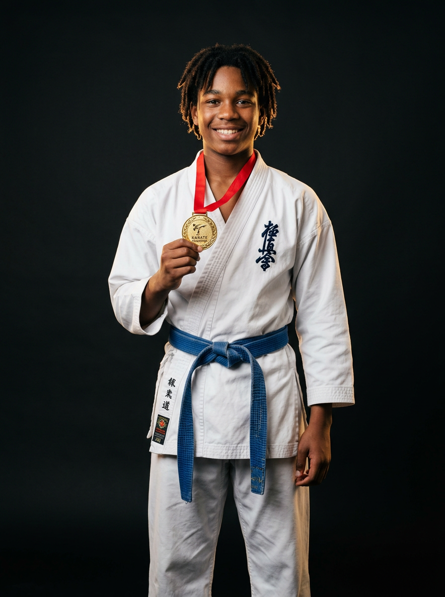 Jeune karatéka Kizami présentant sa médaille